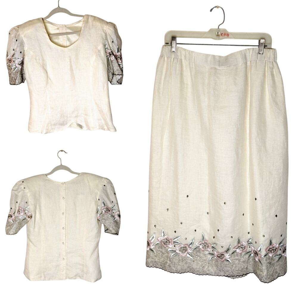 Digna Yero vintage linen embroidered skirt set. Size 16